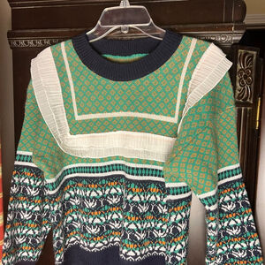 Green Blue Crew Neck Sweater with Geometric Pattern Retro Style